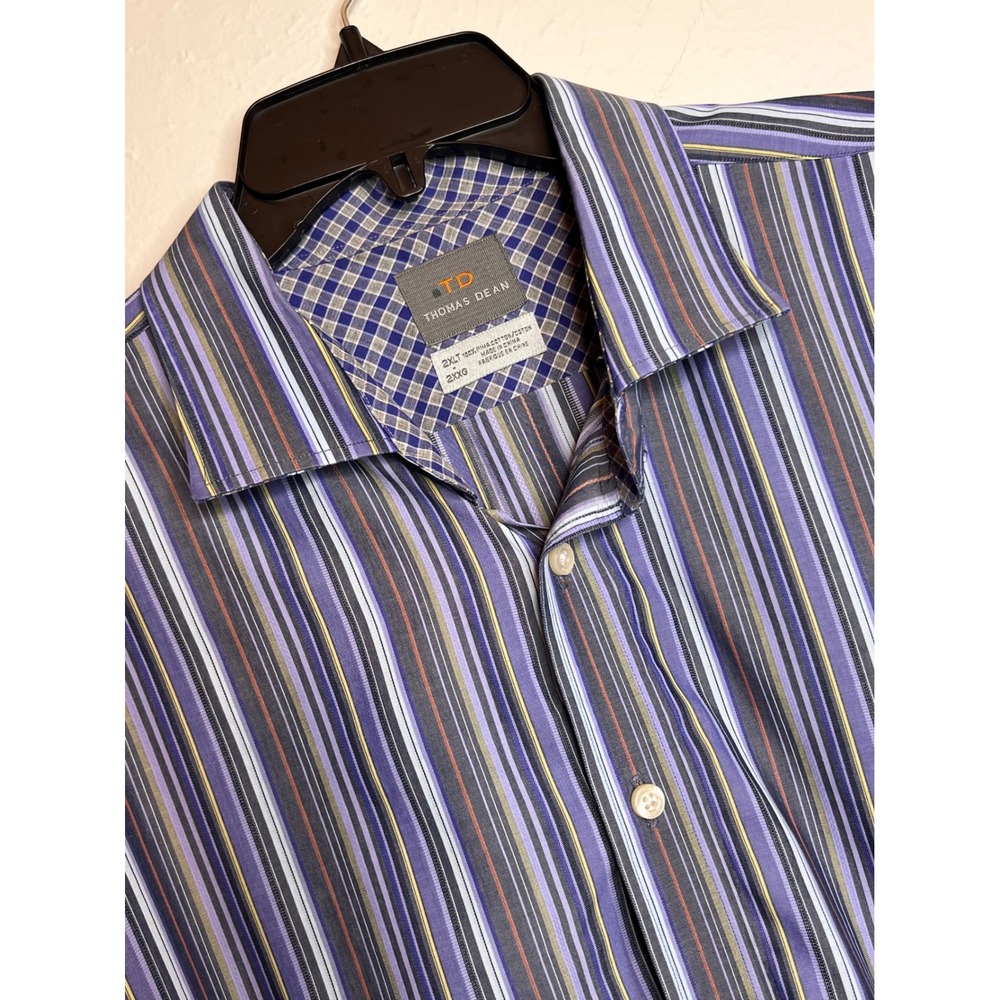 Thomas Dean Mens 2XLT Pima Cotton Striped Long Sleeve Button Down Shirt Purple